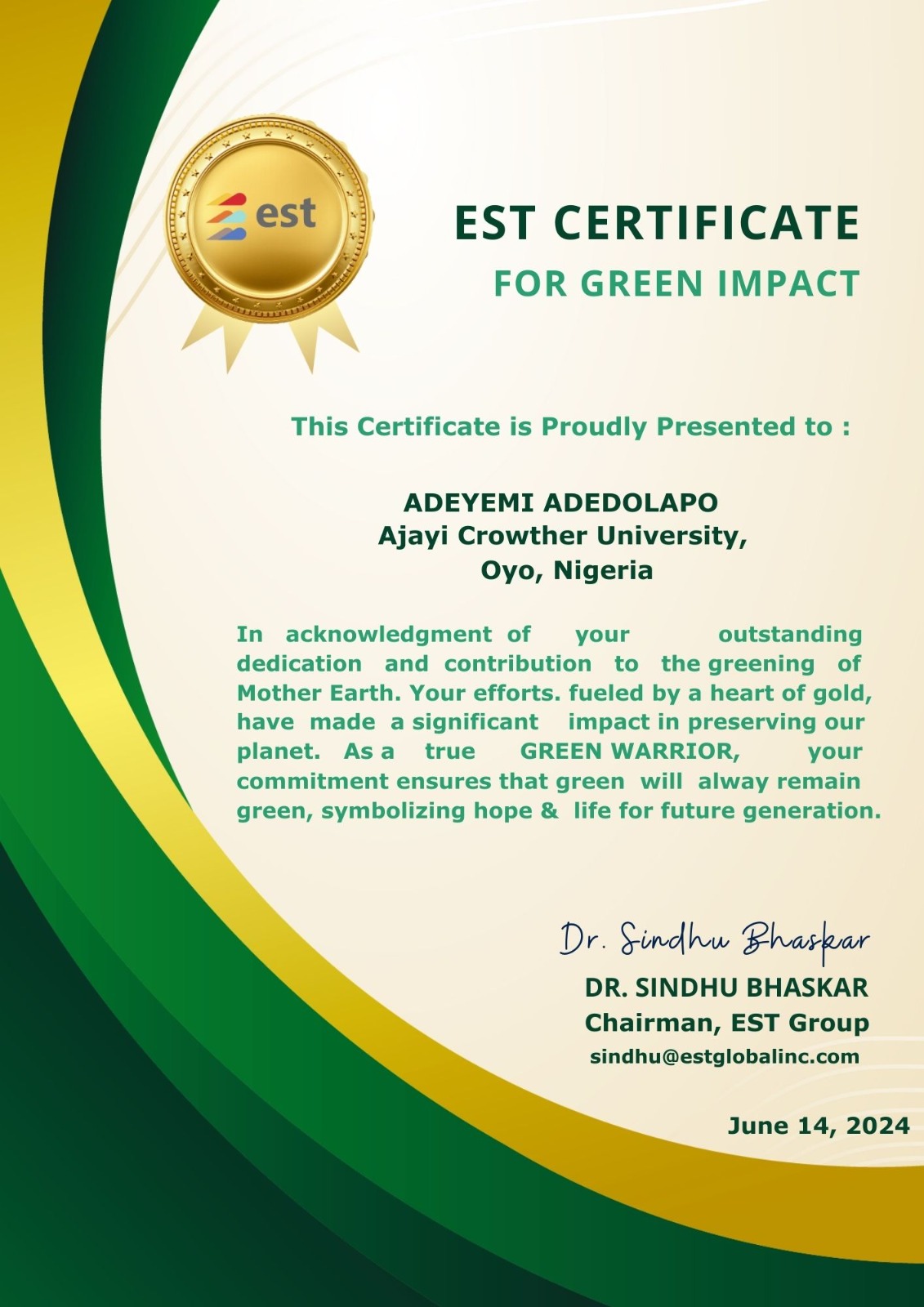 Adedolapo certificate